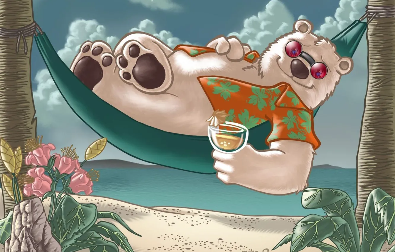 Фото обои песок, море, солнце, коктель, медведь