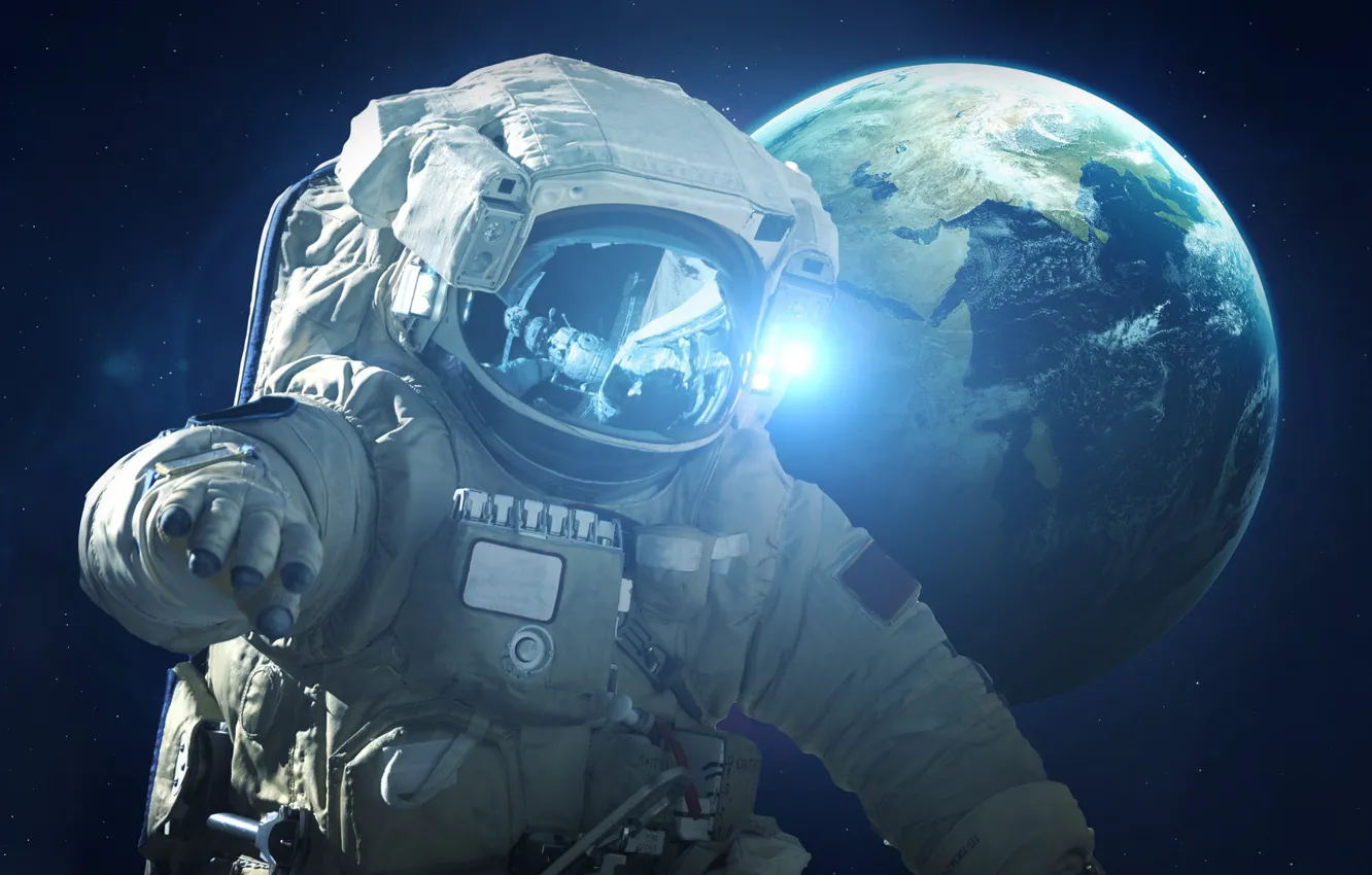 Фото обои Скафандр, Космос, Земля, Астронавт, Космонавт, Earth, Mission, Science Fiction