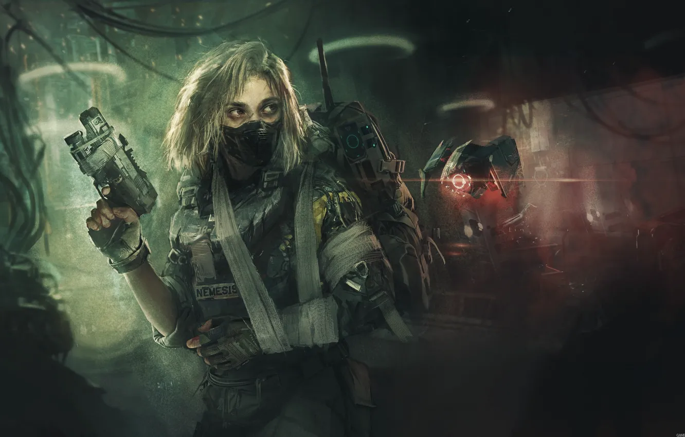 Фото обои девушка, пистолет, оружие, маска, дрон, Nemesis Distress