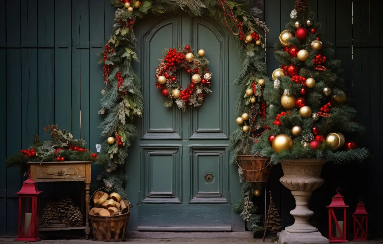 Фото обои дверь, Рождество, Новый год, ёлка, гирлянда, декорация, рождественский венок