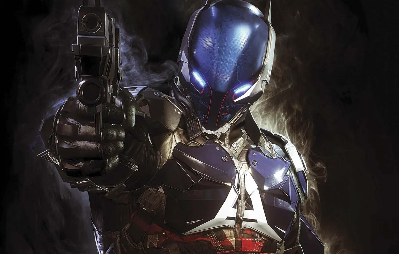 Фото обои пистолет, оружие, дуло, броня, голограмма, Warner Bros, Rocksteady Studios, Batman: Arkham Knight
