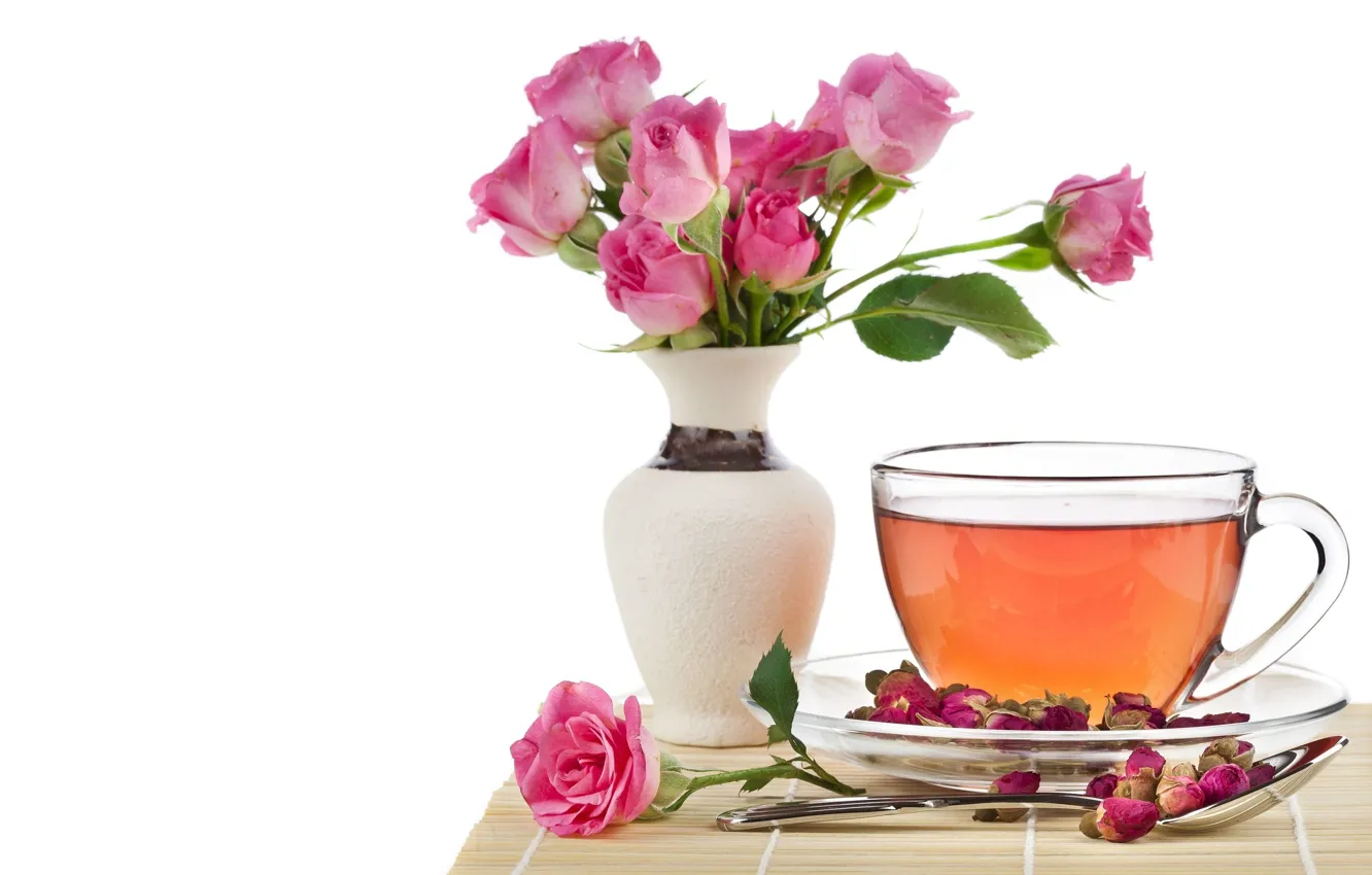 Фото обои чай, роза, ложка, чашка