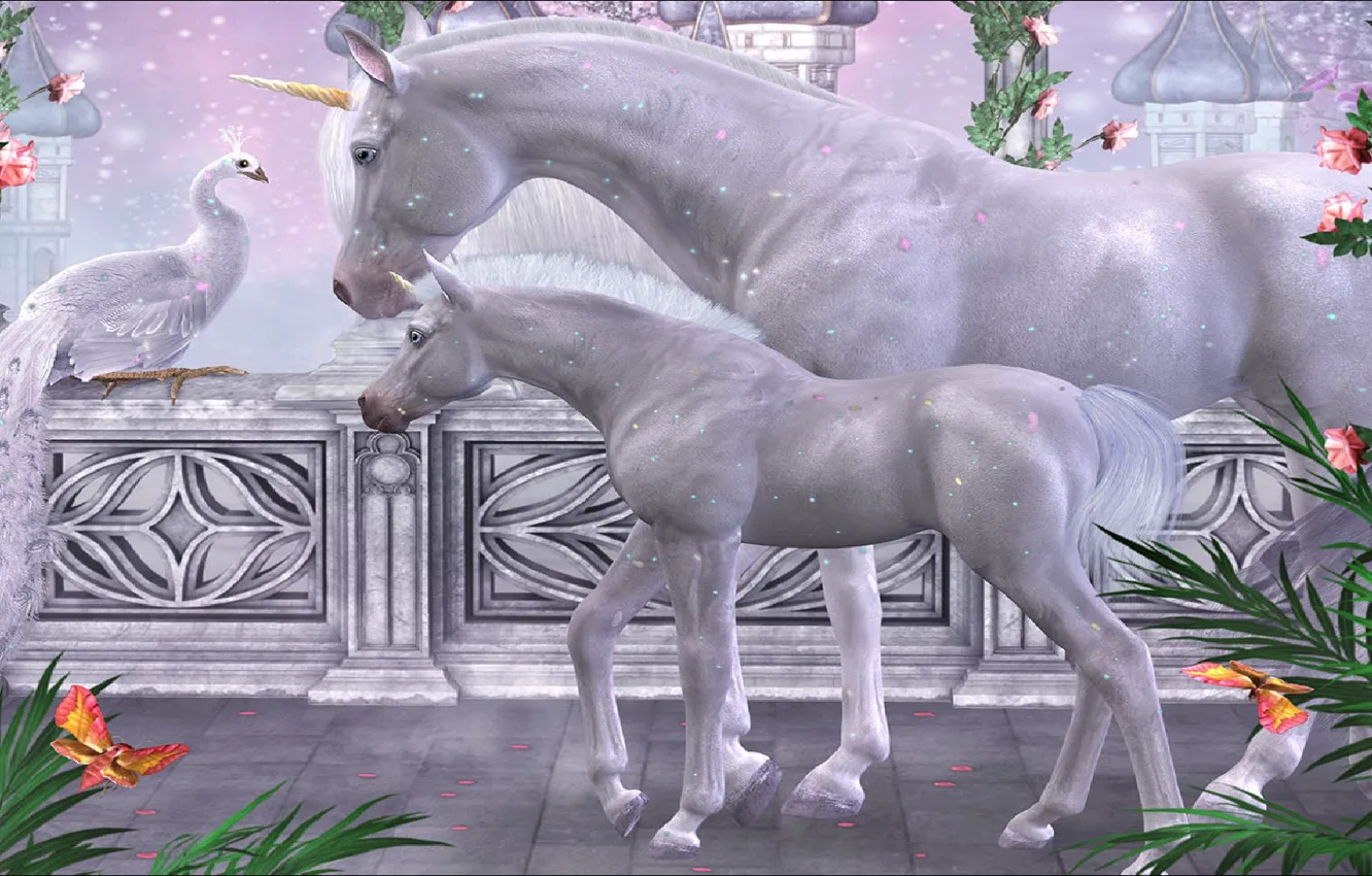 Фото обои Fantasy, two, unicorn, единороги