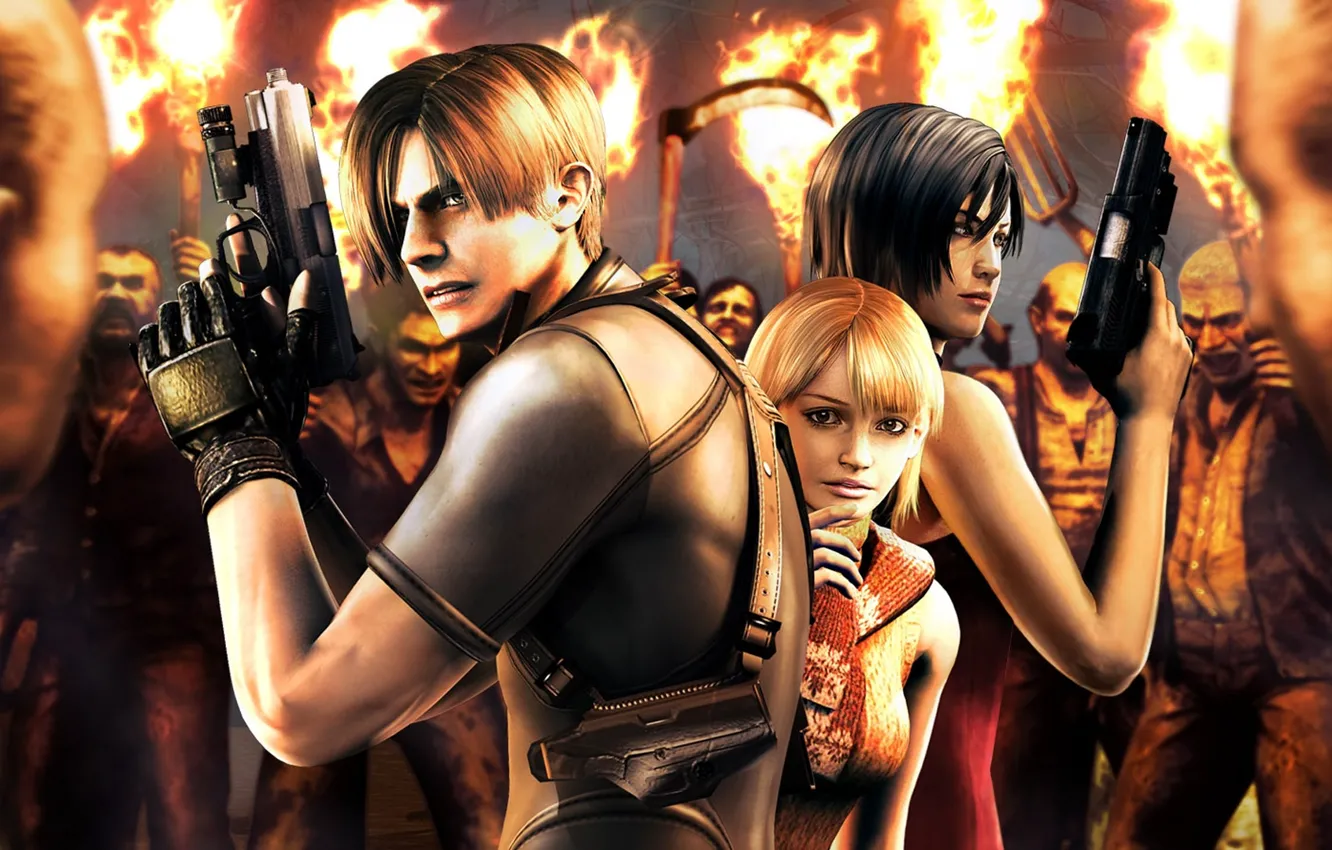 Фото обои Огонь, Оружие, Окружение, Амуниция, Косы, Пистолеты, Leon Scott Kennedy, Ada Wong