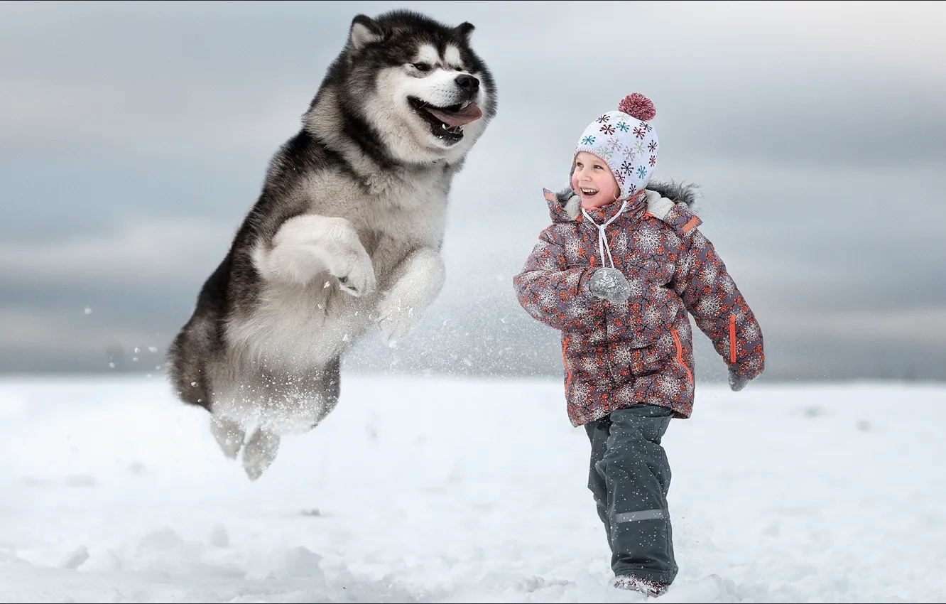 Фото обои girl, game, dog, winter, two, kid