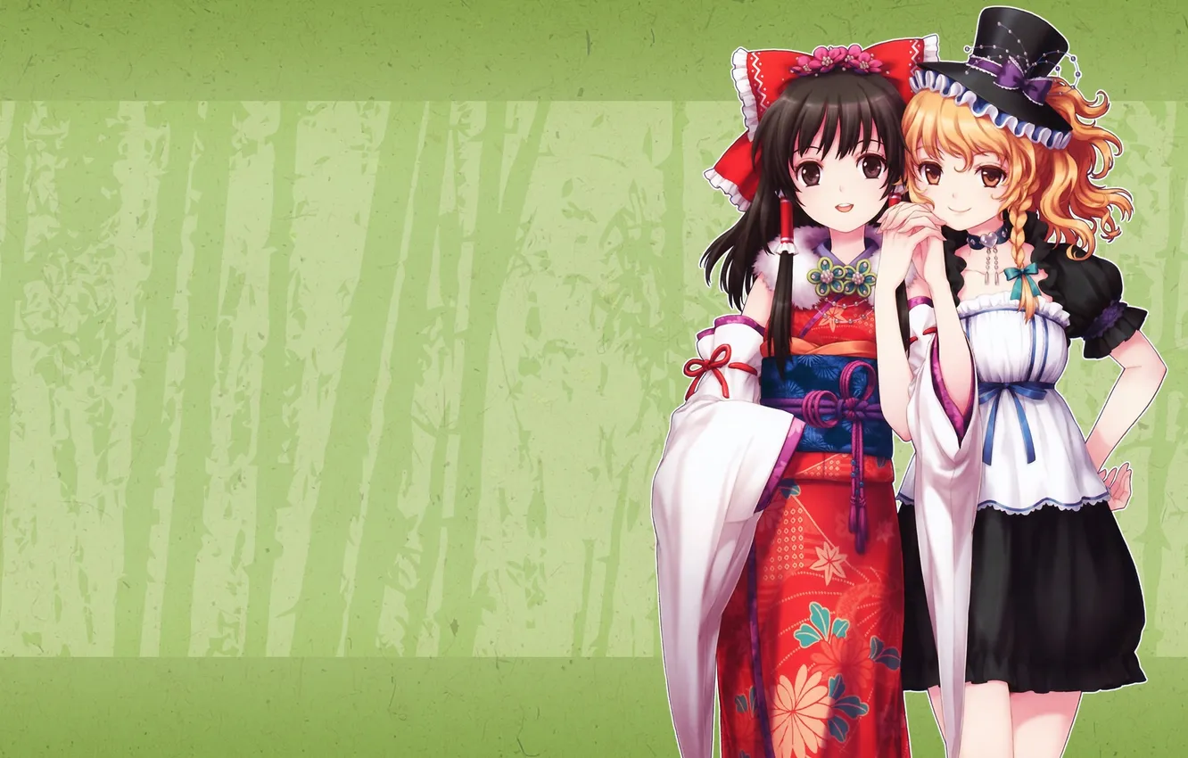 Фото обои улыбка, фон, девушки, арт, кимоно, touhou, kirisame marisa, hakurei reimu