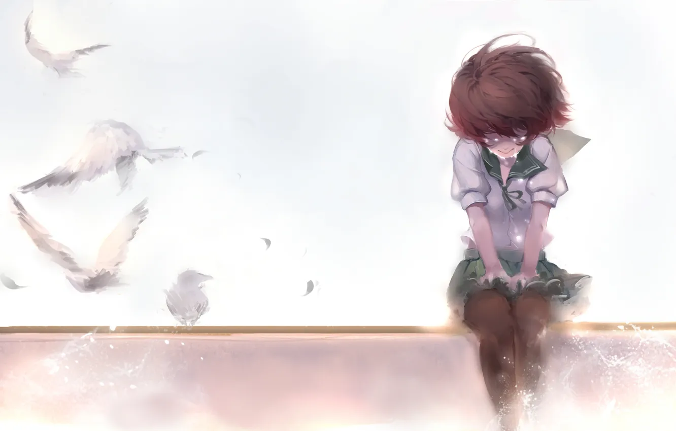 Фото обои девушка, птицы, аниме, слезы, арт, форма, школьница, mutsuki