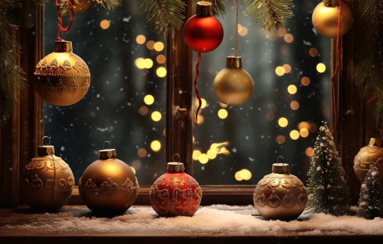 Фото обои фон, шары, Новый Год, Рождество, red, golden, new year, happy