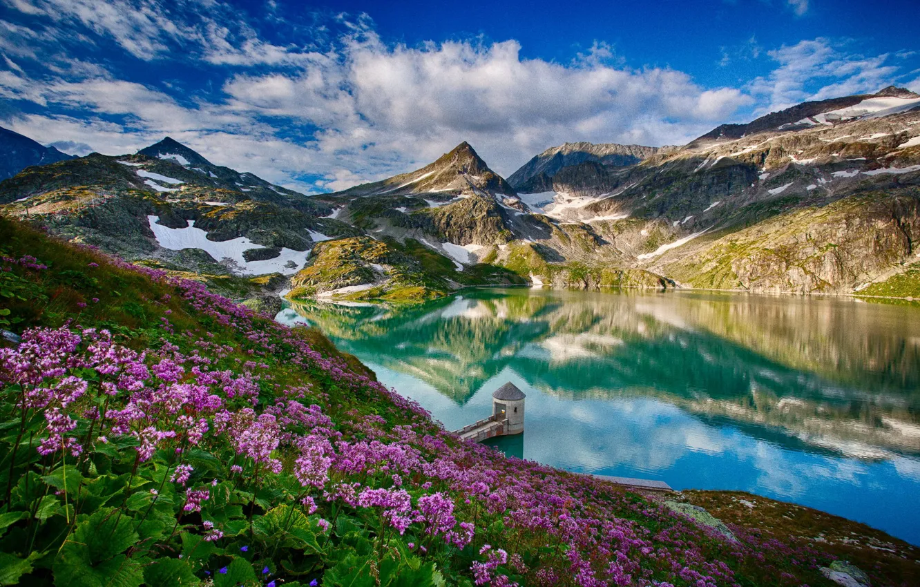 Фото обои горы, природа, озеро, отражение, башня, весна