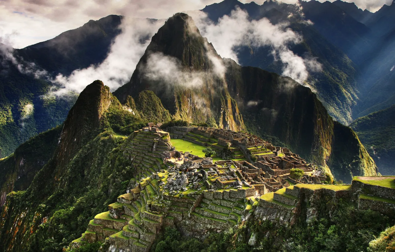Фото обои облака, горы, город, развалины, руины, Перу, Мачу-Пикчу, инки