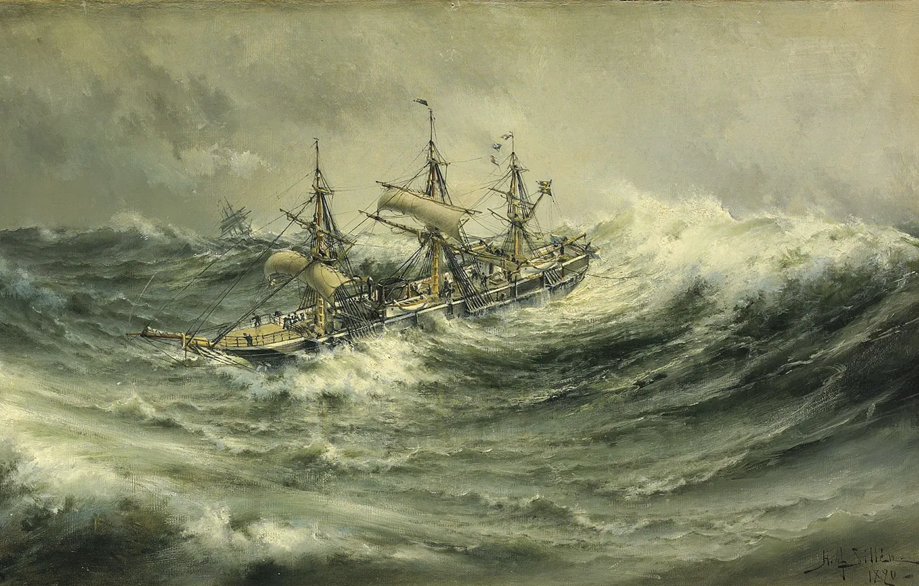 Фото обои морской пейзаж, Herman Gustav Sillen, Vivir es festejar, Aguas negras., Корабль в бурю