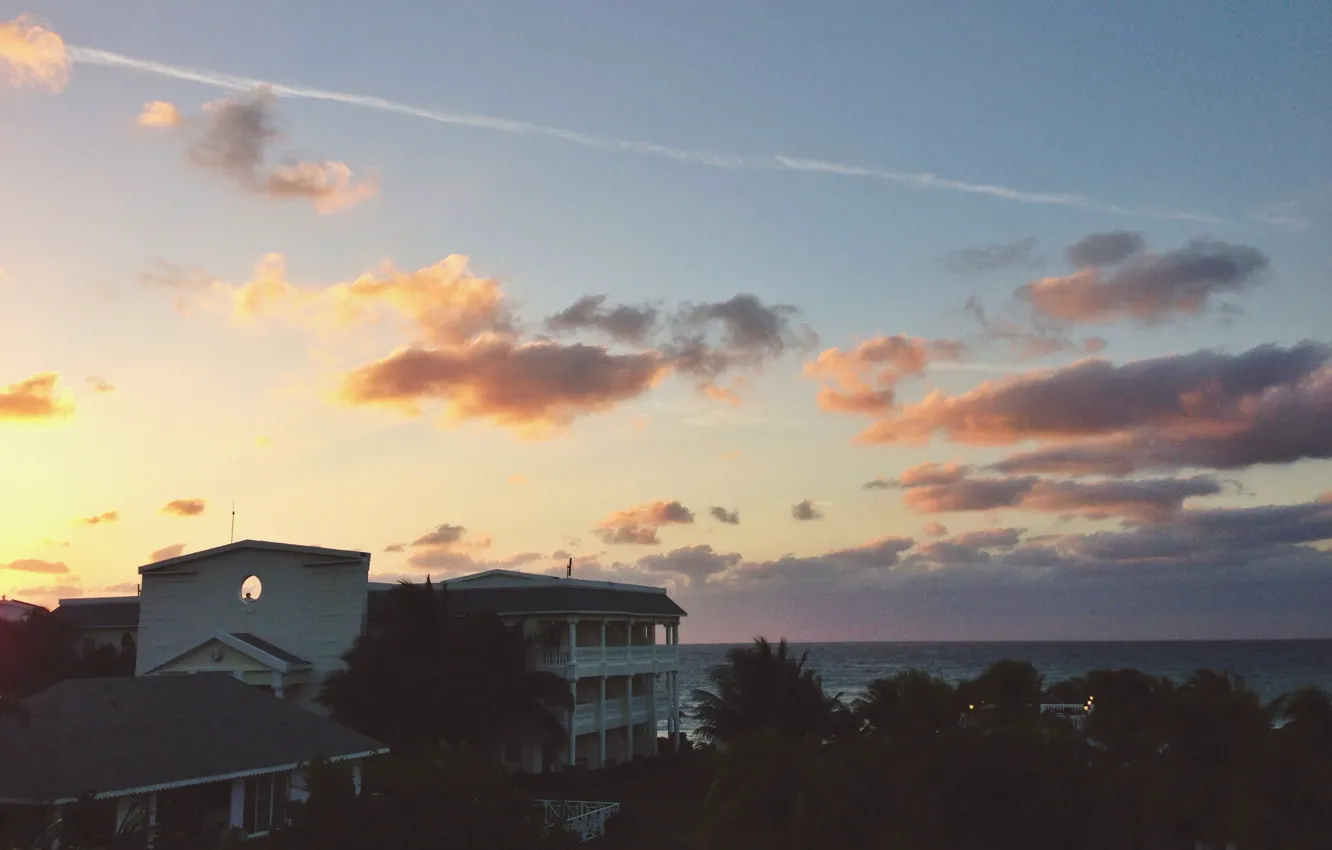 Фото обои house, sunset, water, clouds, island, Jamaica, North America, Caribbean Sea