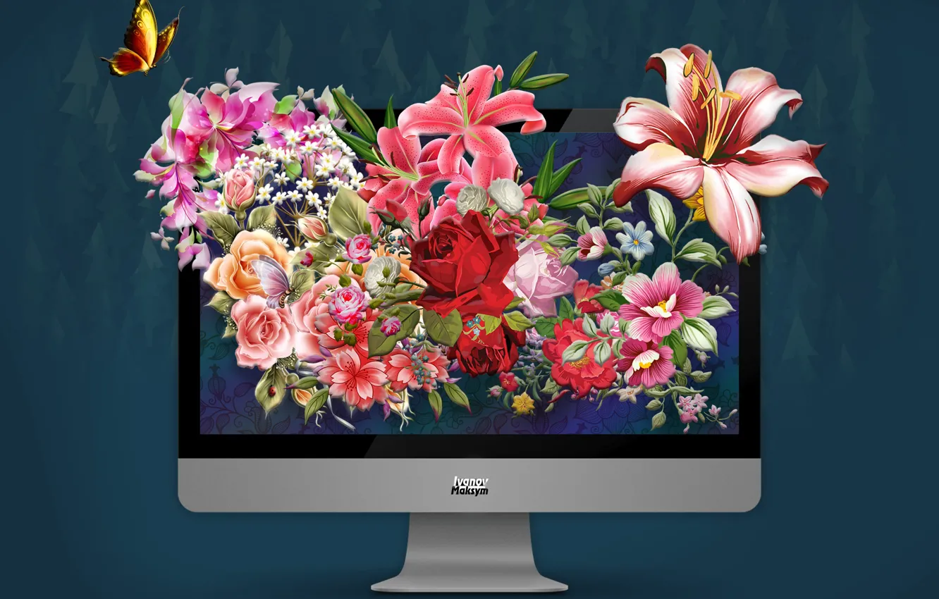 Фото обои цветы, мир, фотошоп, apple, mac, монитор, photo, photoshop