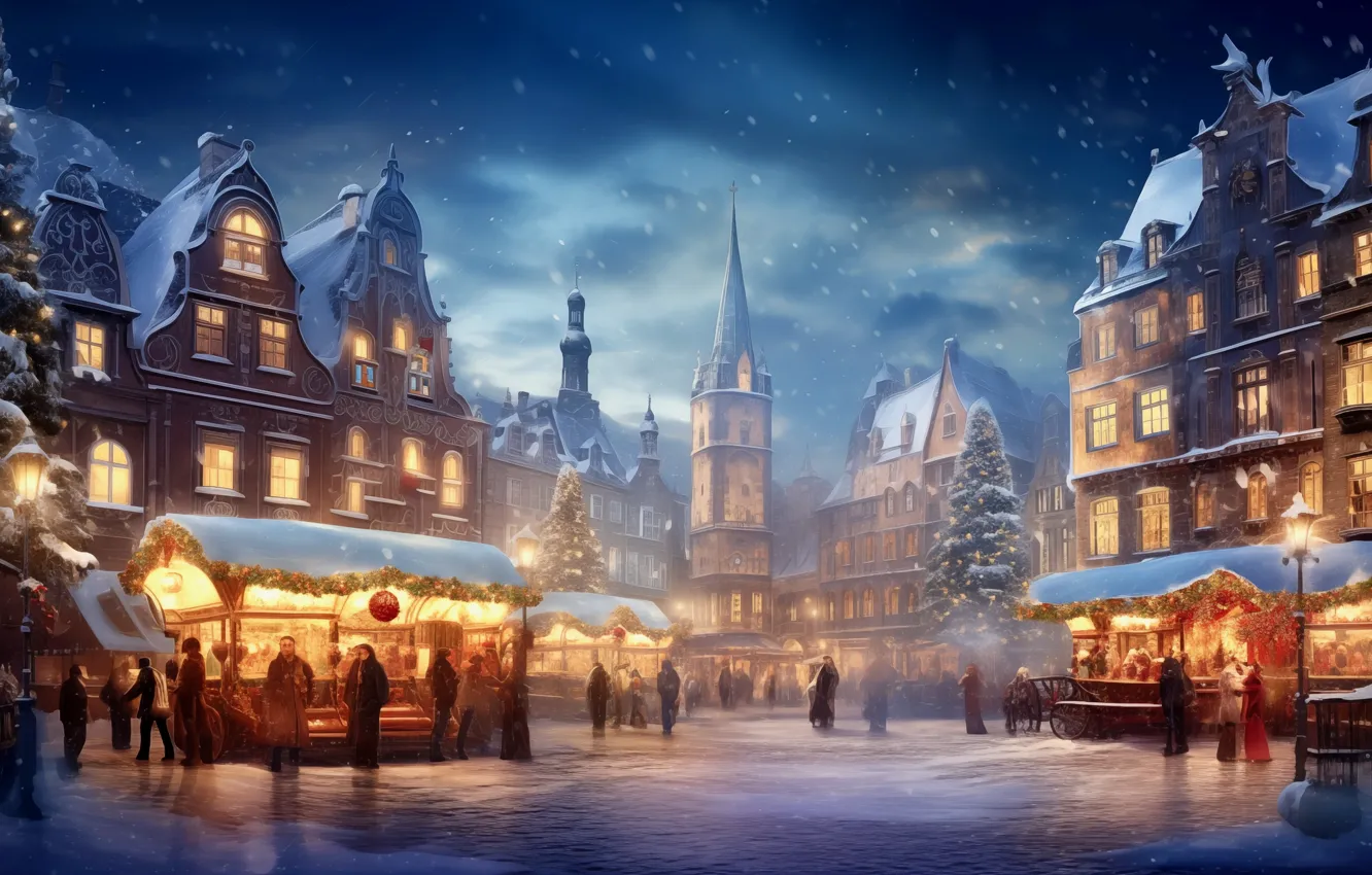 Фото обои зима, снег, город, люди, праздник, здания, дома, Рождество