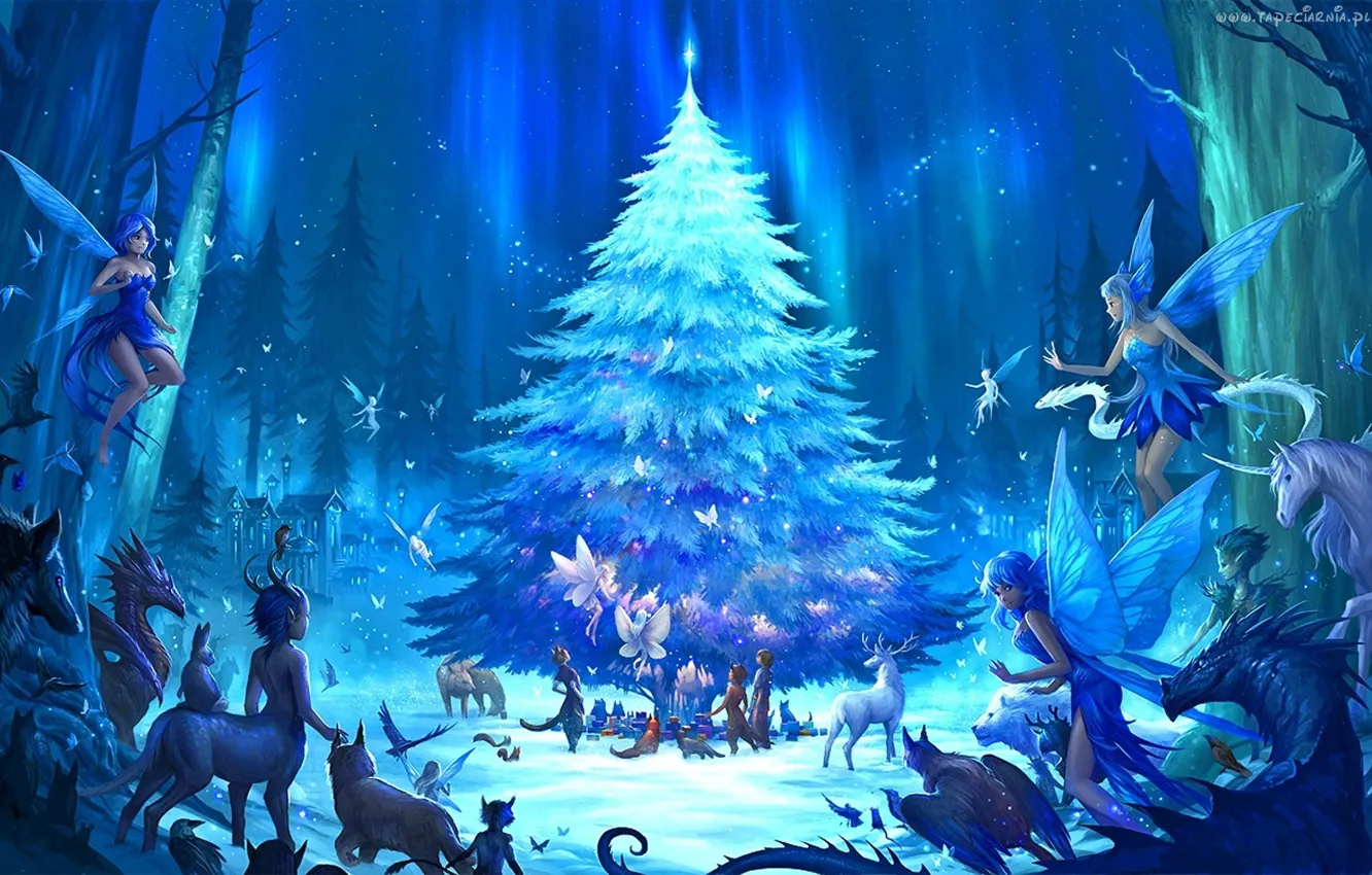 Фото обои лес, фентези, праздник, аниме, арт, эльфы, Новый год, ёлка