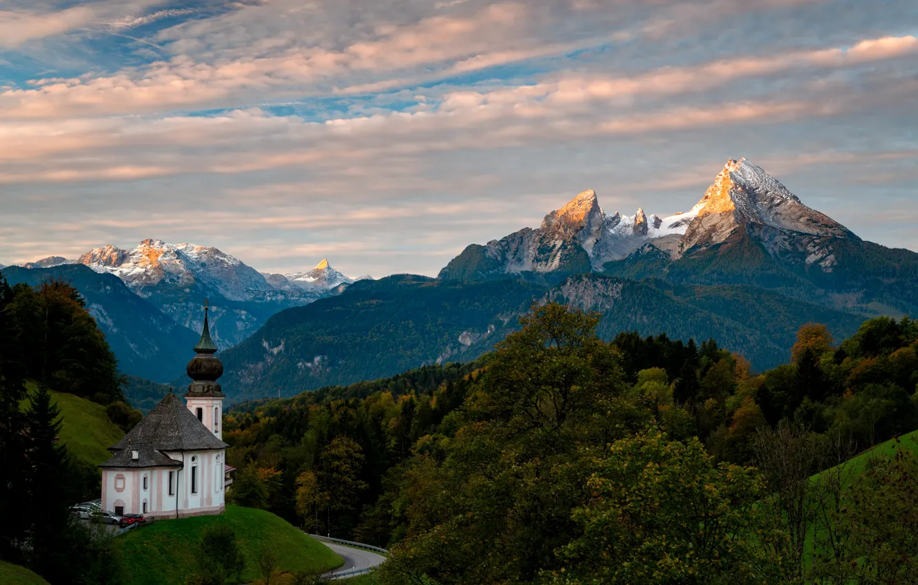 Фото обои лес, горы, Альпы, церковь