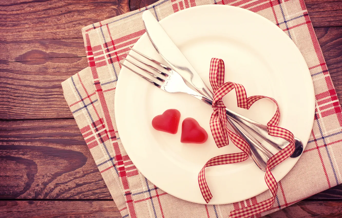 Фото обои сердце, нож, вилка, бант, сервировка, Valentines Day, Knife