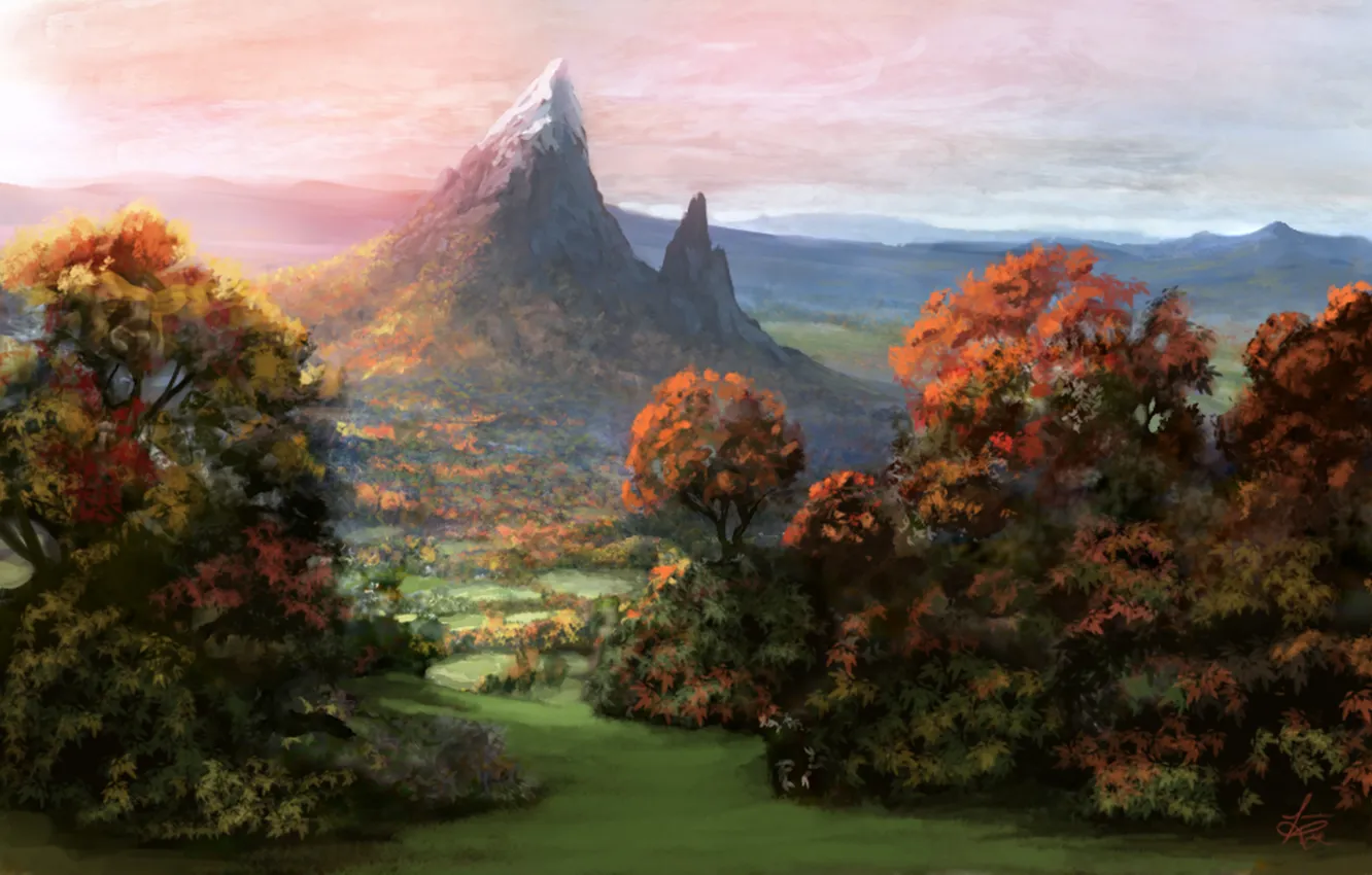 Фото обои осень, небо, трава, снег, деревья, горы, art