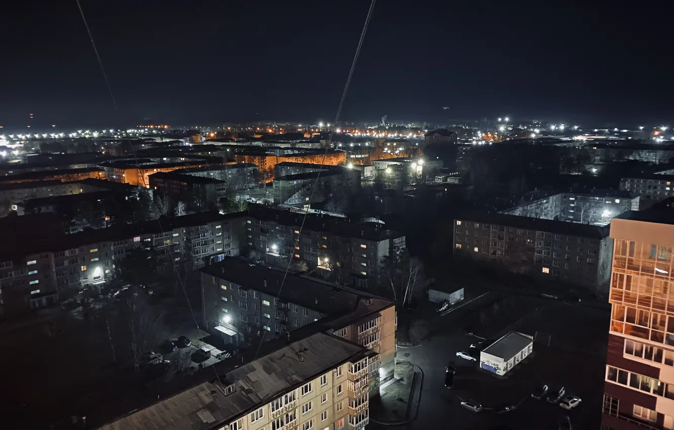 Фото обои Небо, Ночь, Город, Горизонт, Свет, Фонари, Высота, Даль