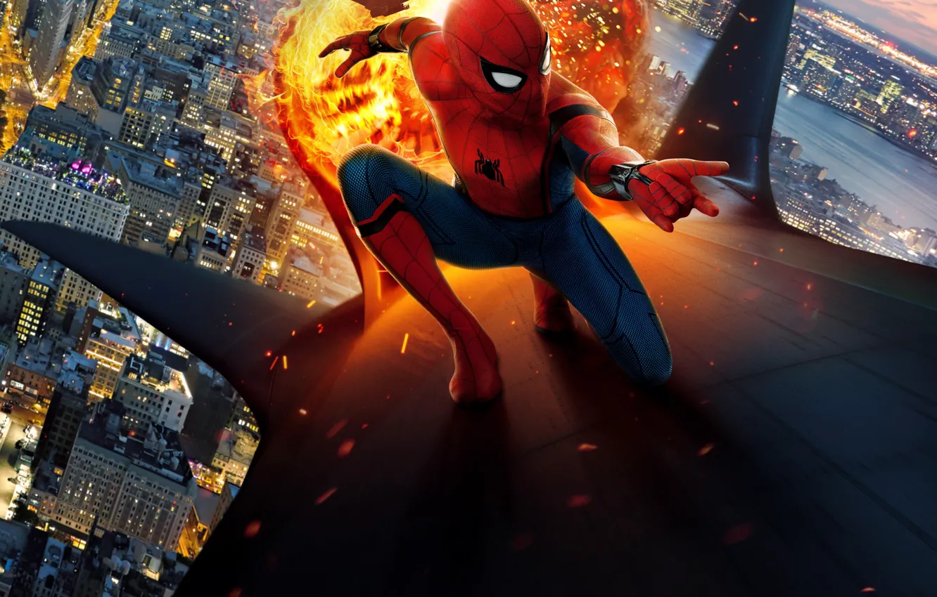 Фото обои new york city, spider man, film, peter parker, tom holland, spider man: homecoming