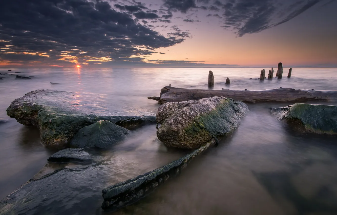 Фото обои море, пейзаж, закат, камни