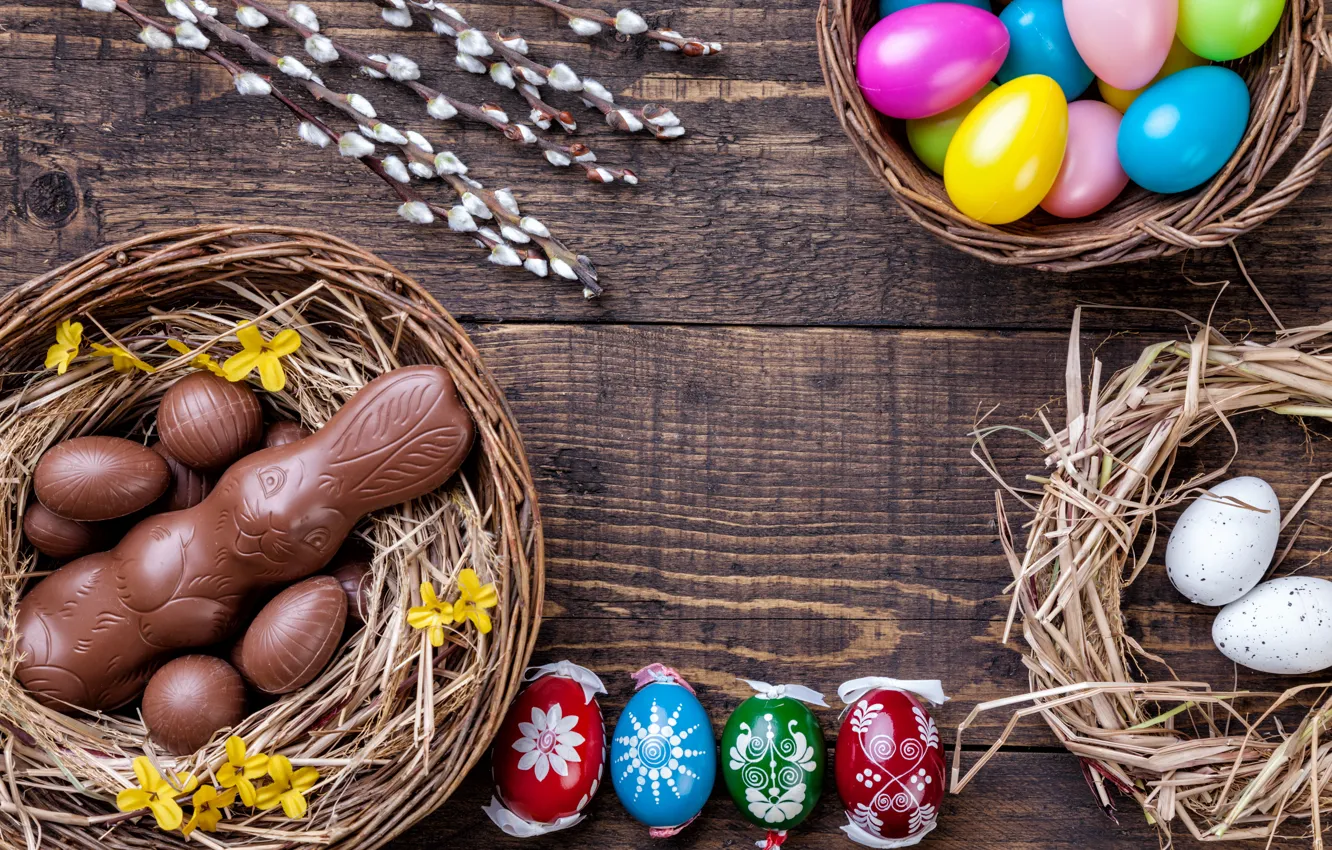 Фото обои шоколад, яйца, colorful, кролик, конфеты, Пасха, wood, верба