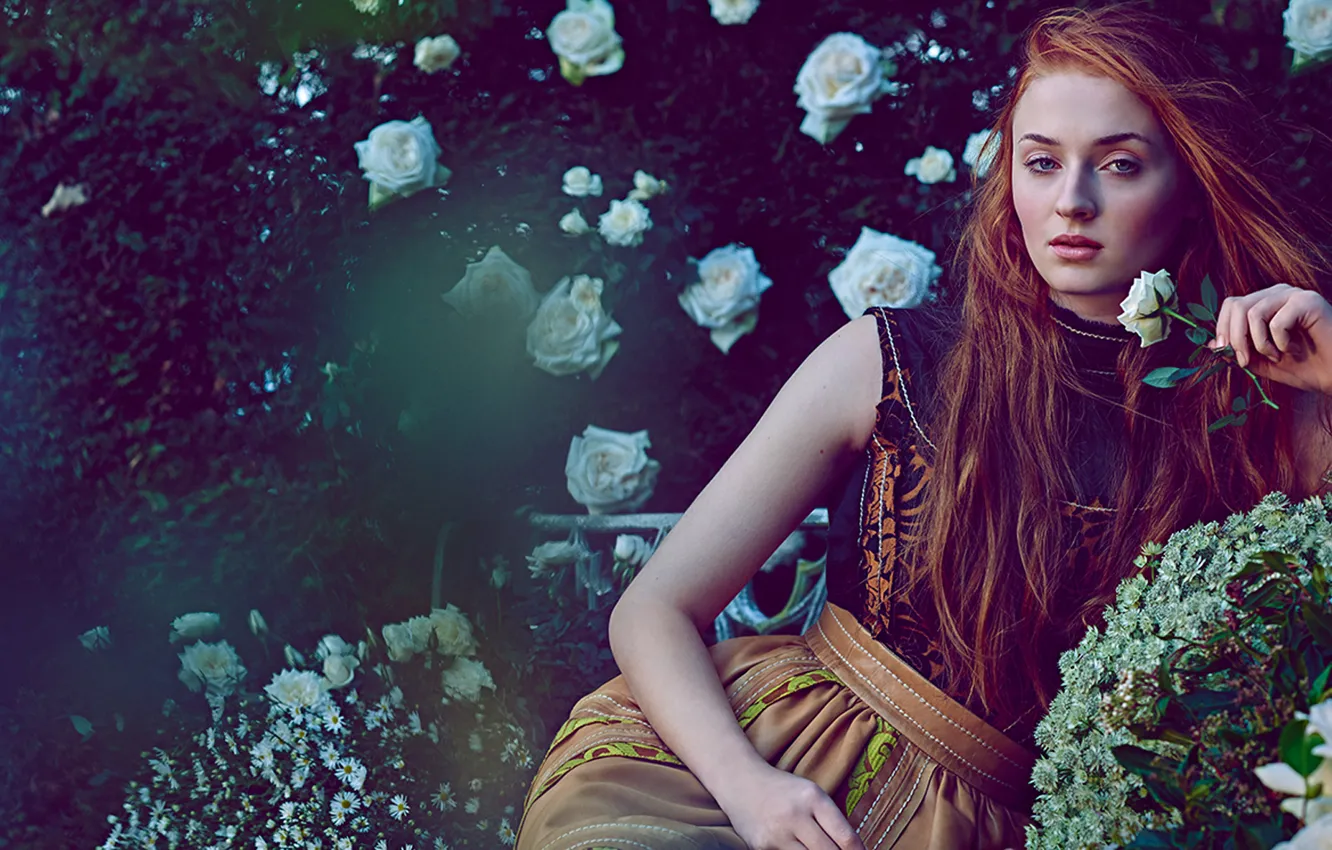 Фото обои Girl, Flower, Roses, View, Redhead, Long Hair, Leaf, Dress