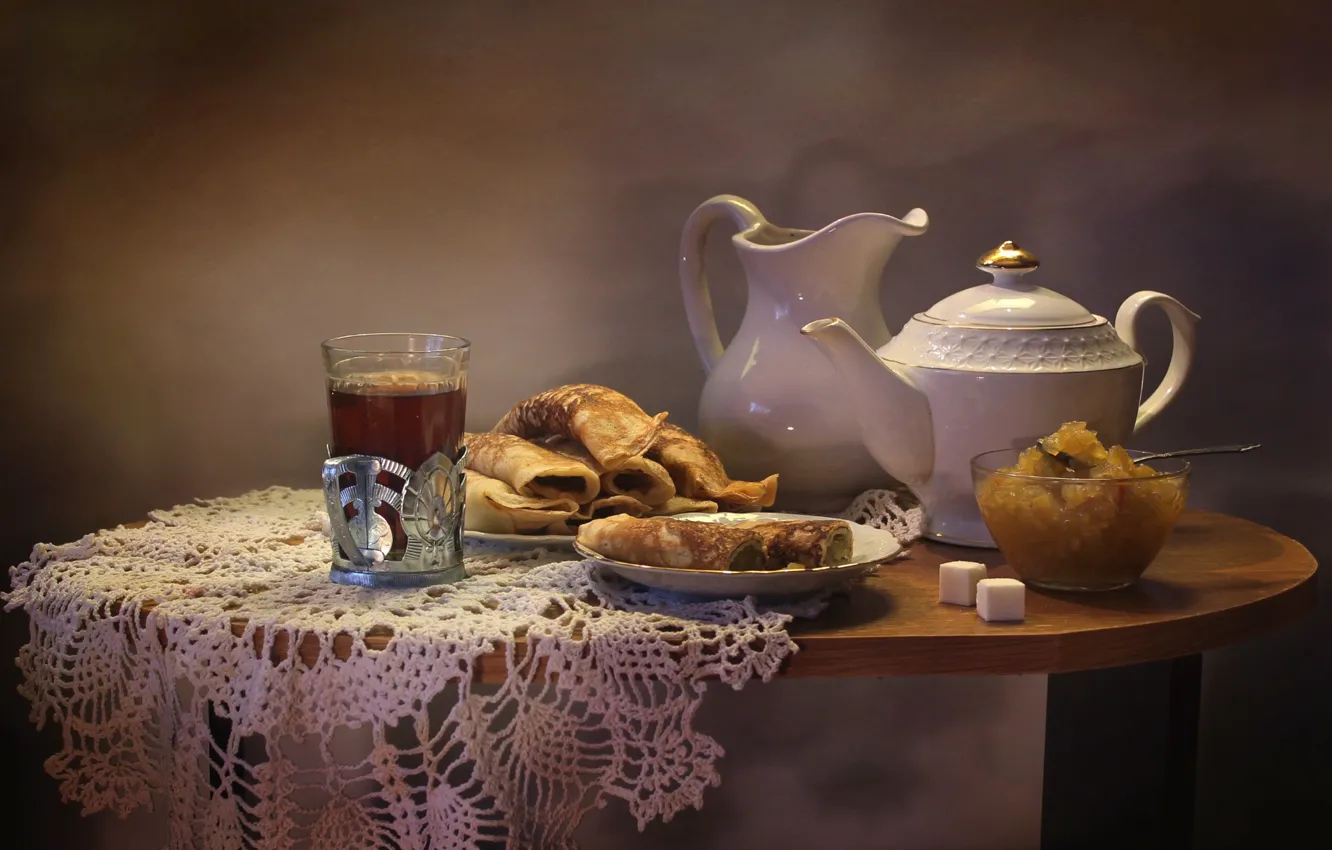Фото обои чай, чайник, блины, варенье