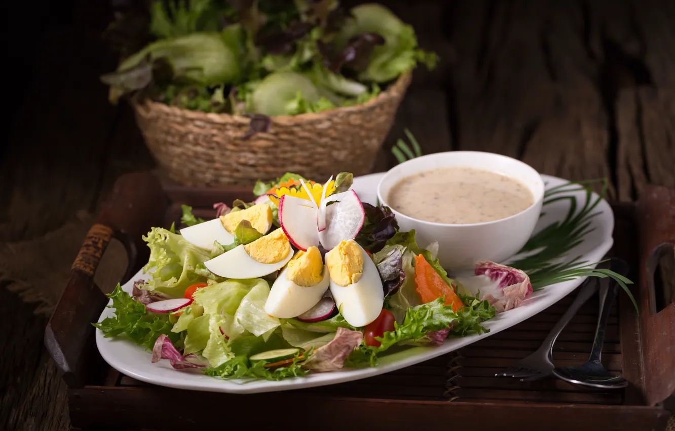 Фото обои овощи, соус, листья салата, egg, vegetables, salad