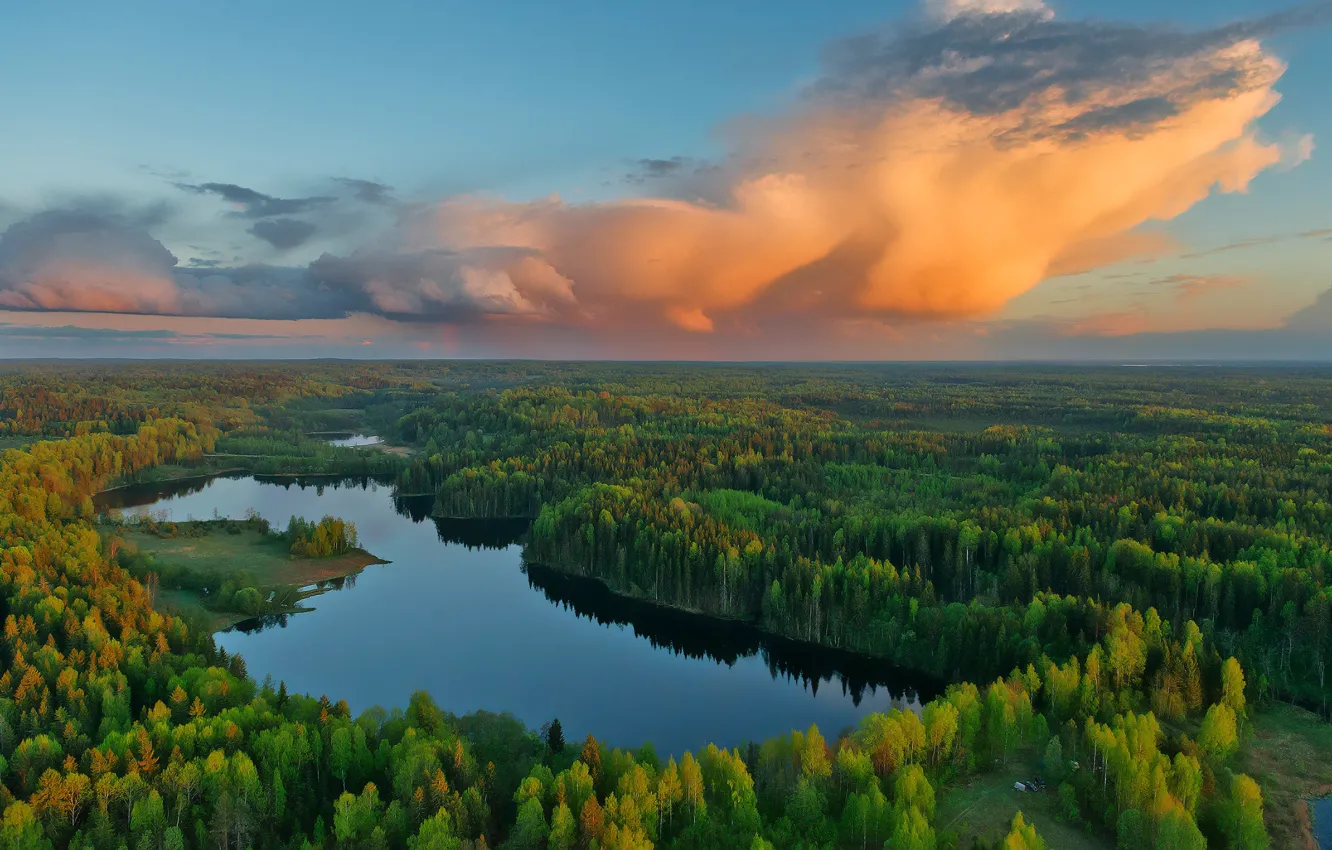 Фото обои осень, небо, облака, вечер, Россия, Тверская область, Гостилицкое озеро