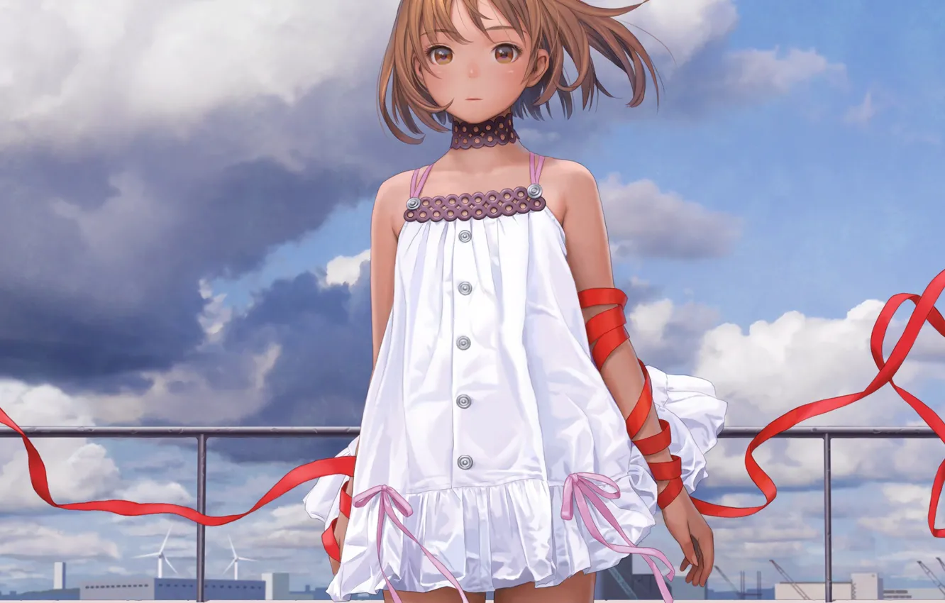 Фото обои арт, девочка, белое платье, красная лента, Range Murata