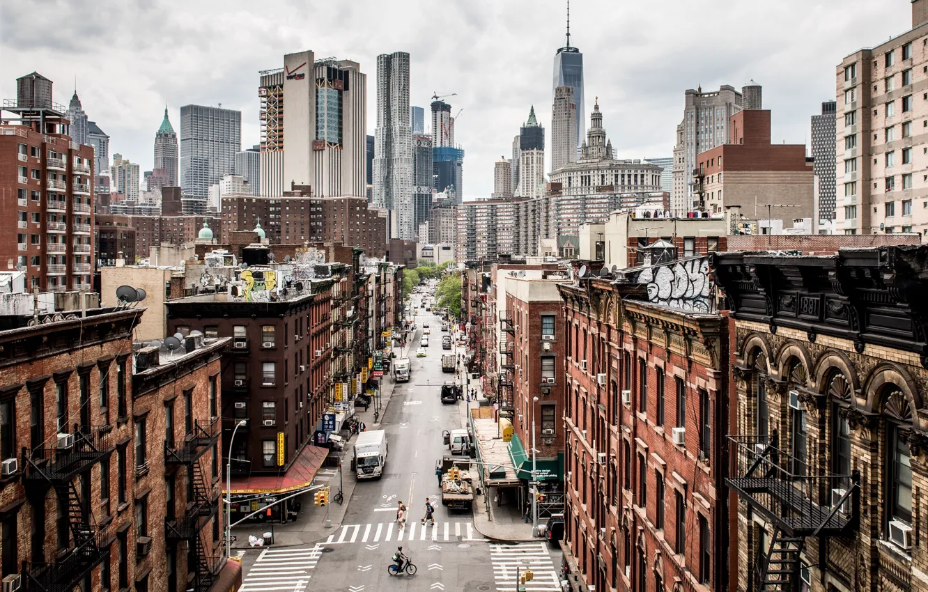 Фото обои улица, Нью-Йорк, небоскребы, США, Манхэттен