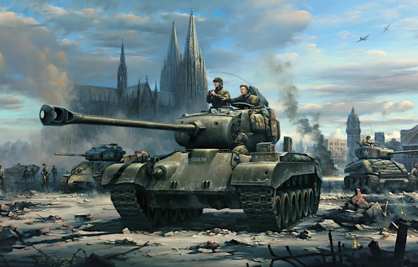 Фото обои war, art, painting, tank, ww2, m-26 pershing