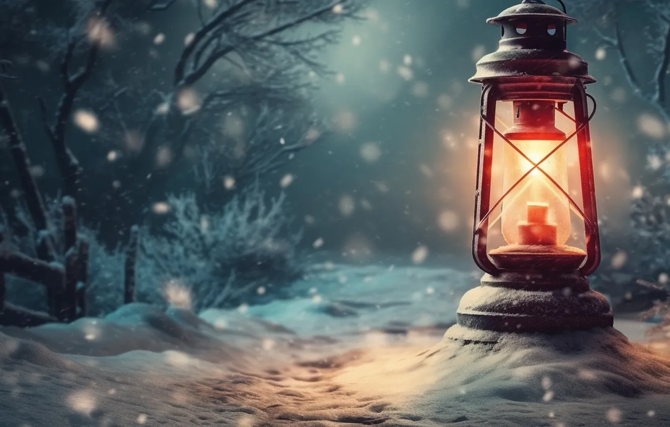 Фото обои зима, снег, ночь, Рождество, фонарь, Новый год, Christmas, night