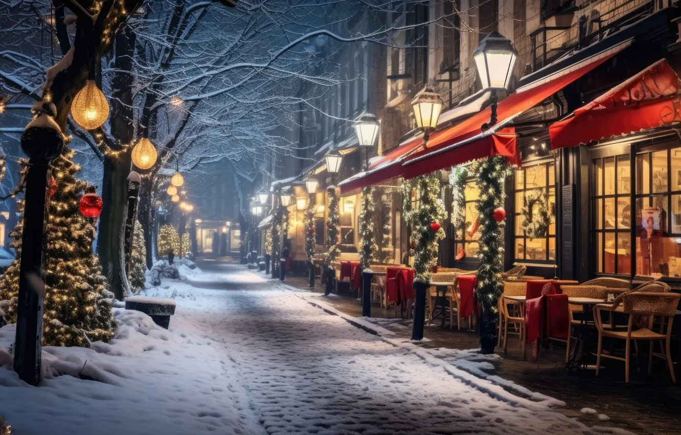 Фото обои зима, снег, украшения, ночь, город, lights, улица, елка