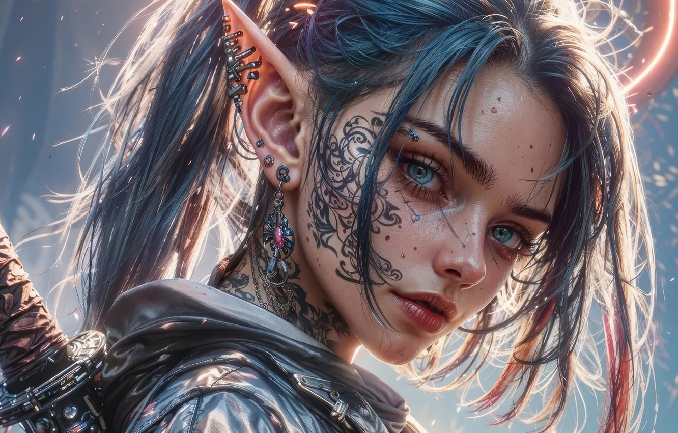 Фото обои Girl, Anime, Elf, Tattoo, Blue Hair, AI Art, AI Generated