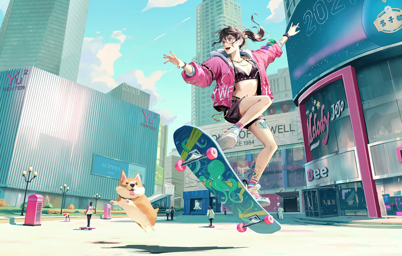 Фото обои girl, shorts, anime, jacket, skater
