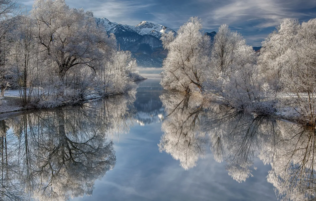 Фото обои зима, иней, деревья, горы, озеро, Германия, Бавария