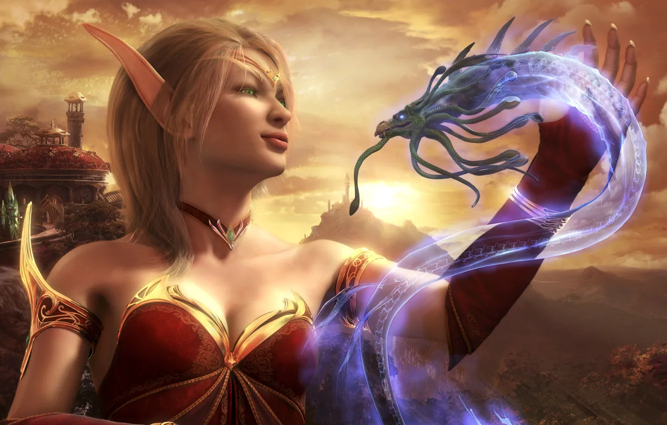 Фото обои рендеринг, дракон, эльфийка, Blood Elf, World Of Warcraft