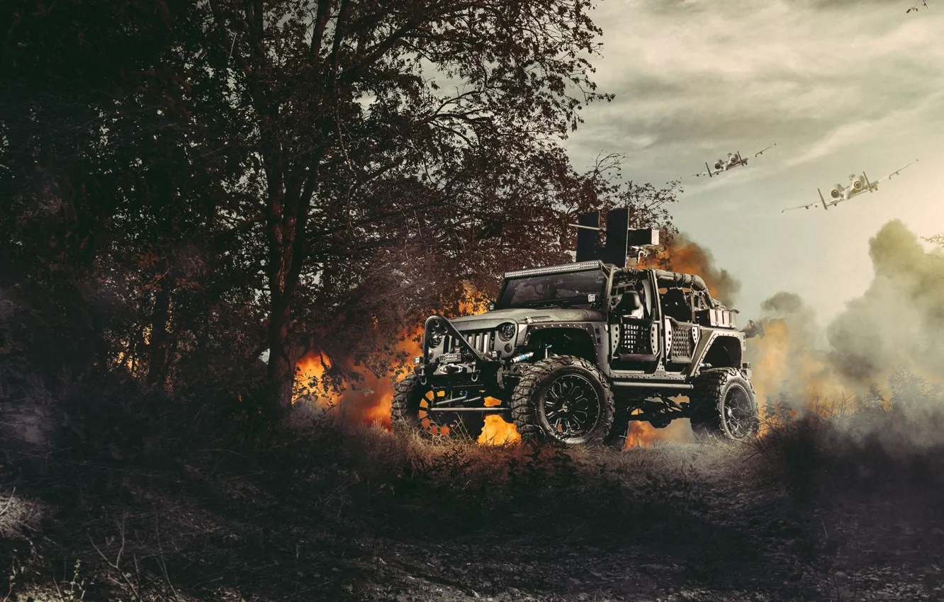 Фото обои Nature, Fire, Cars, Front, Wrangler, Jeep, Off Road, Planes