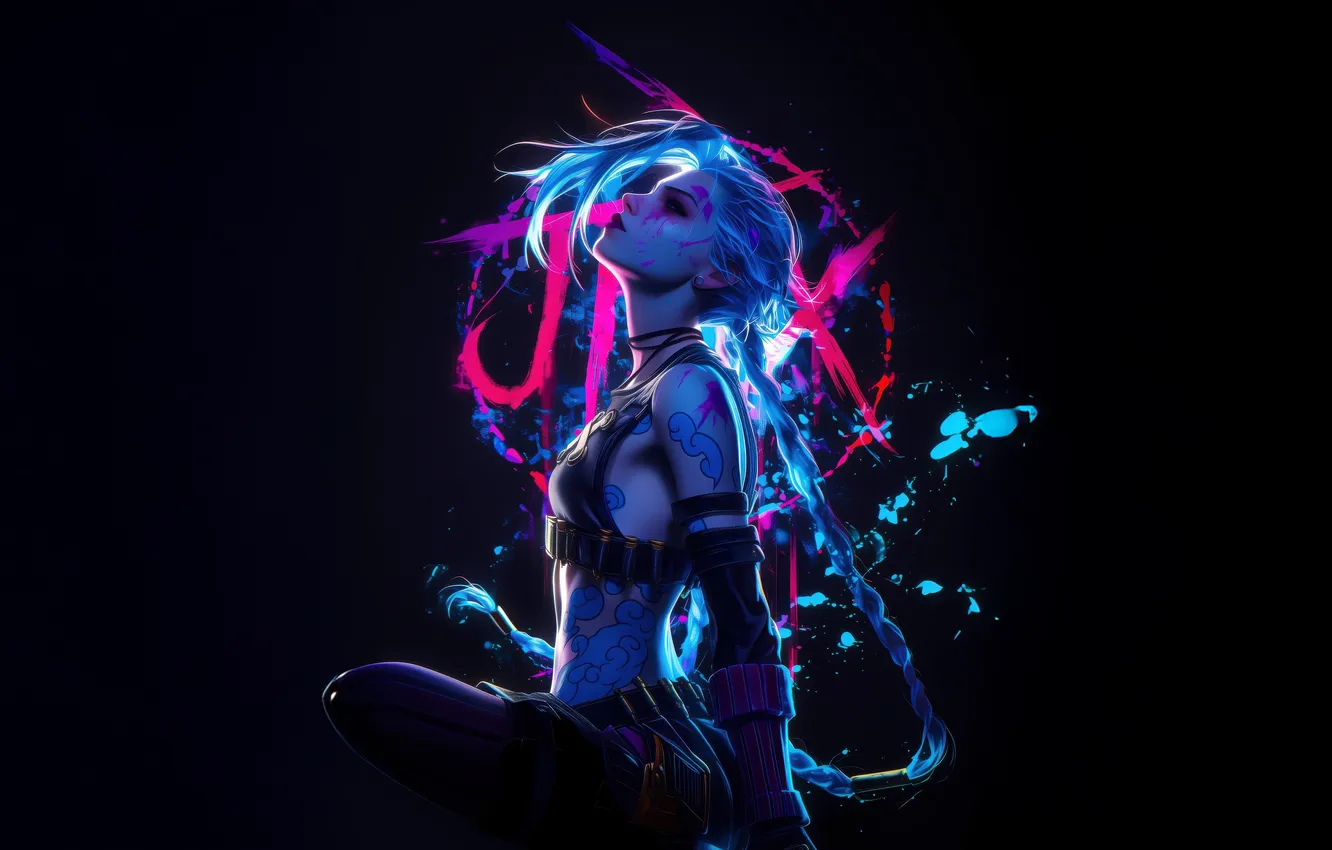 Фото обои Neon, League of Legends, LoL, Dark Background, Jinx, Arcane, AI Art, AI Generated