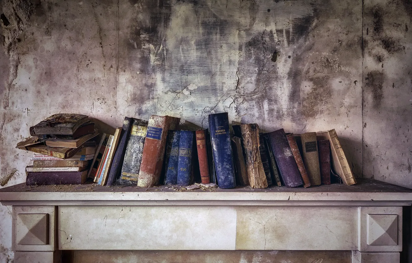 Фото обои стена, книги, полка