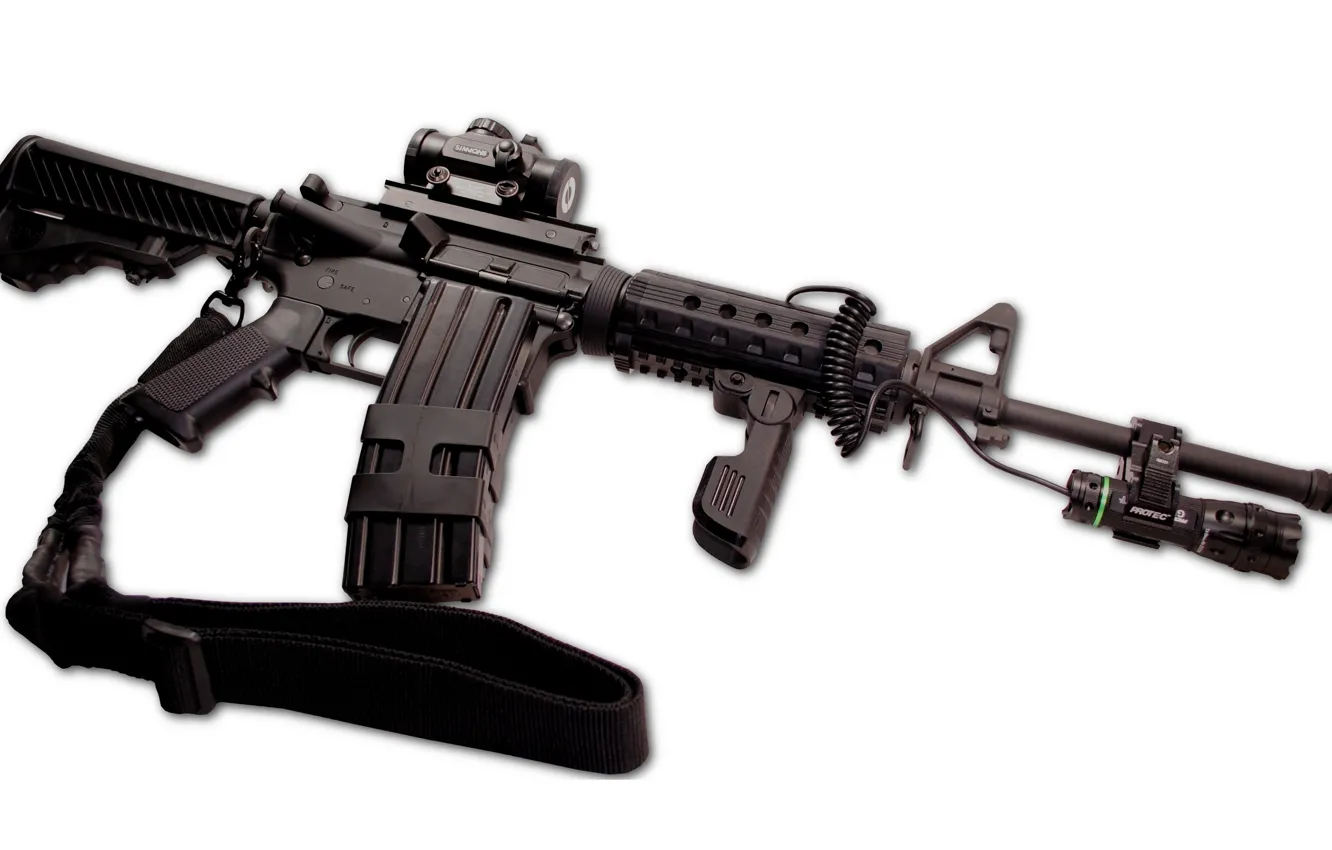 Фото обои gun, weapon, custom, rifle, custom gun, sling, retractable butt, tactical flashlight