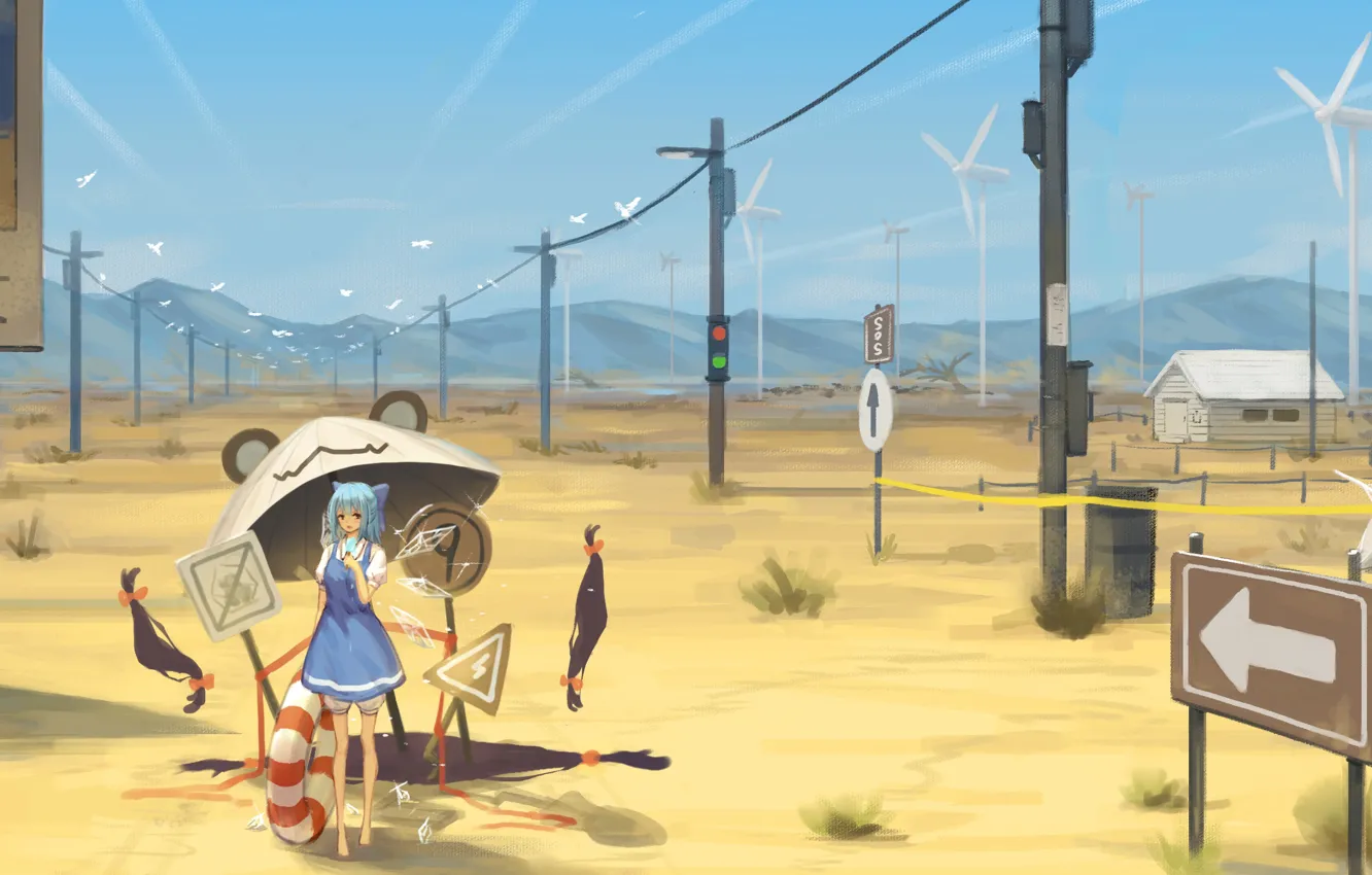 Фото обои лето, девушка, зонтик, указатели, Touhou Project, Chirno
