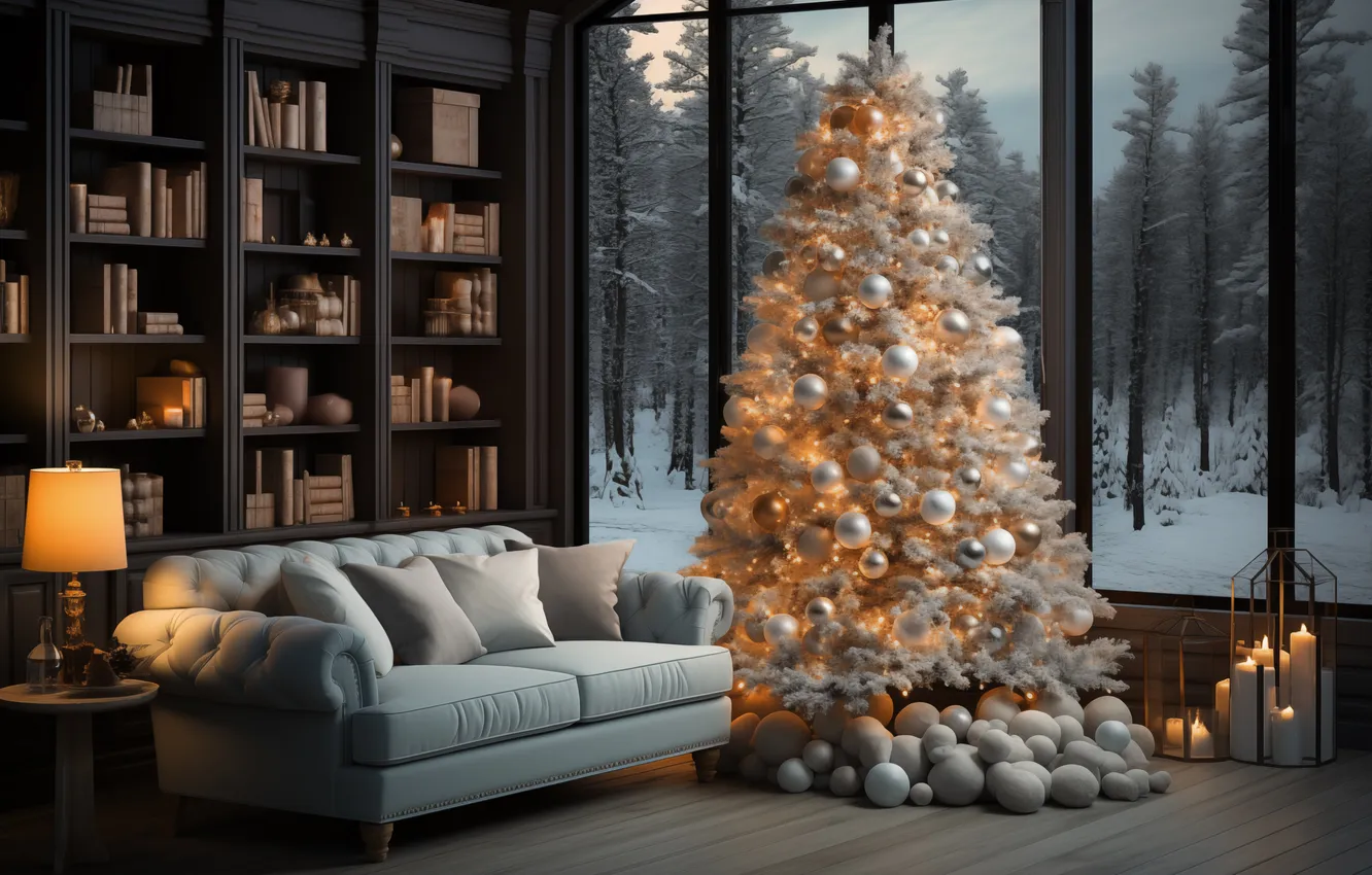 Фото обои украшения, комната, елка, интерьер, Рождество, подарки, Новый год, Christmas