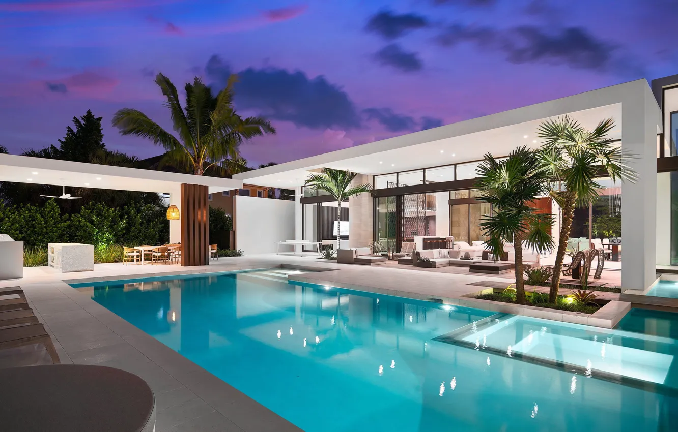 Фото обои пальмы, вилла, вечер, бассейн, архитектура, терраса, by Choeff Levy Fischman Architecture+Design, Weston Residence