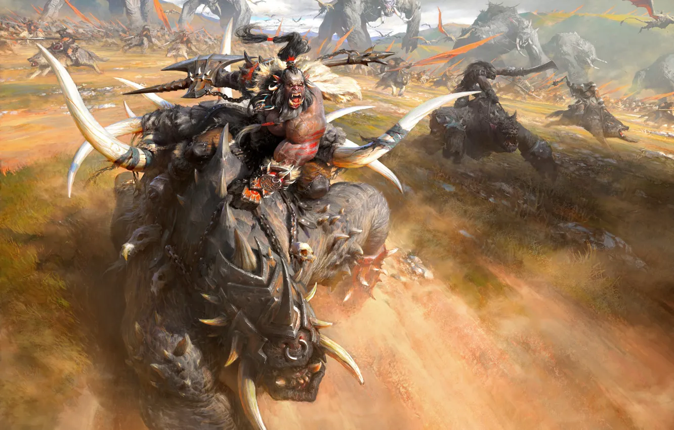 Фото обои война, фэнтези, арт, нападение, орк, рейд, Xiaoyu Wang, wangxiaoyu-Never Be Slaves