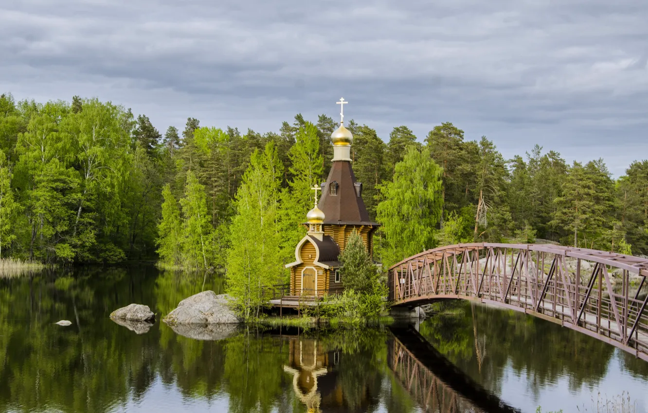 Фото обои лес, пейзаж, мост, природа, озеро, церковь, Вуокса, Александр Березуцкий