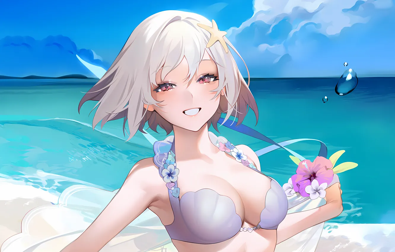 Фото обои girl, sexy, cleavage, beach, sky, sea, boobs, anime