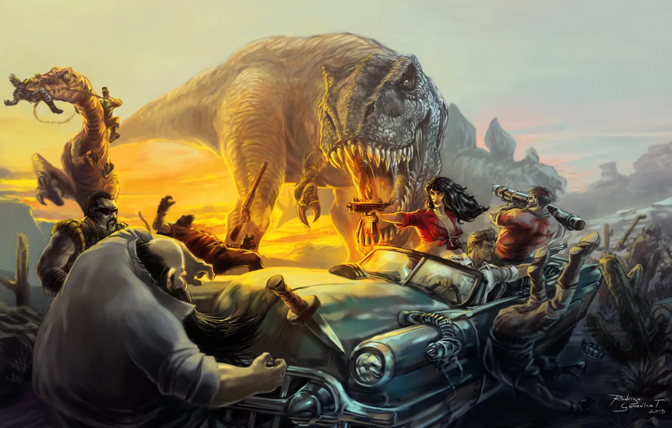 Фото обои машина, оружие, люди, арт, нападение, бандиты, динозавры, тиранозавр